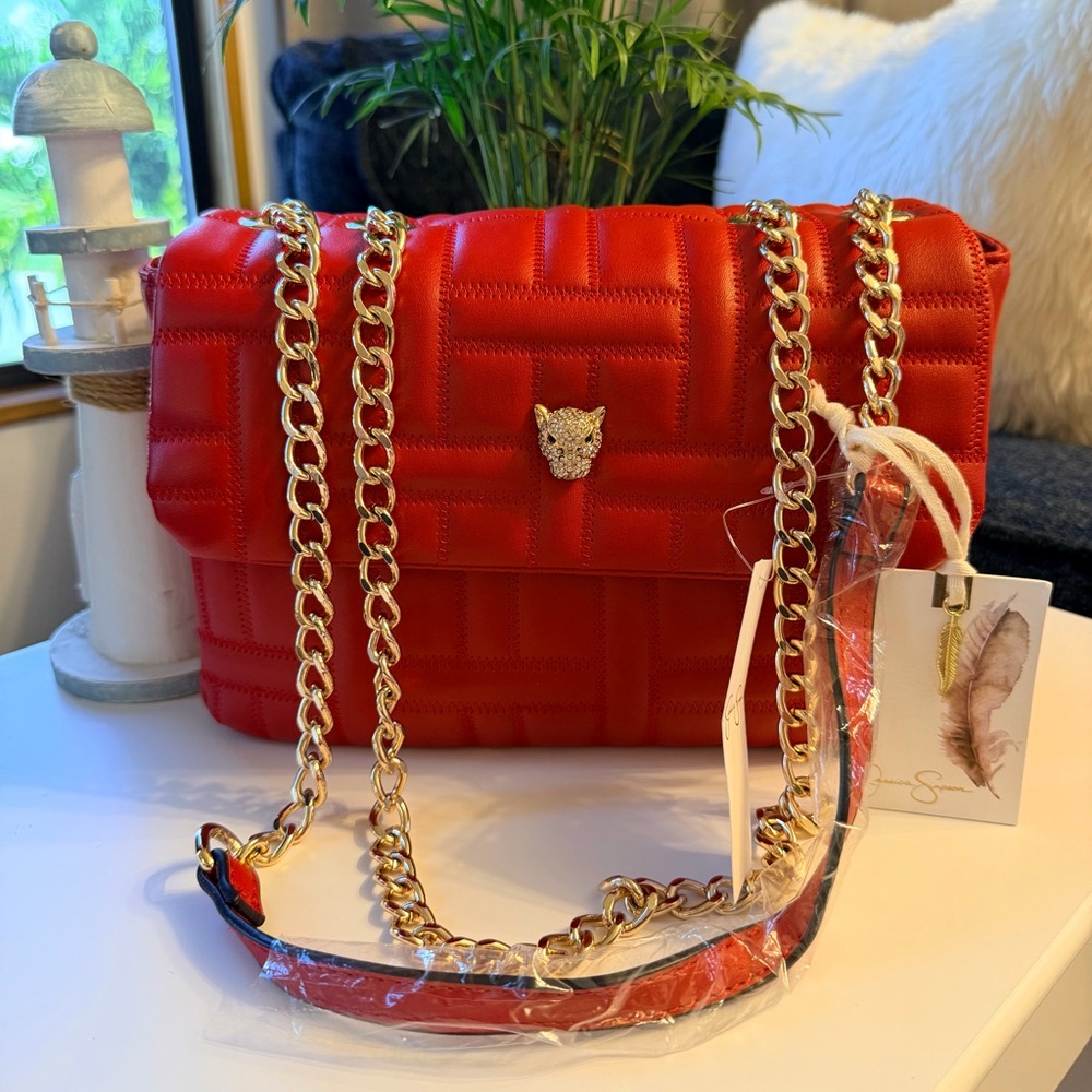 JESSICA SIMPSON Gillian Quilted Shoulder/Crossbody Chain Bag in Crimson Red - Picture 14 of 16